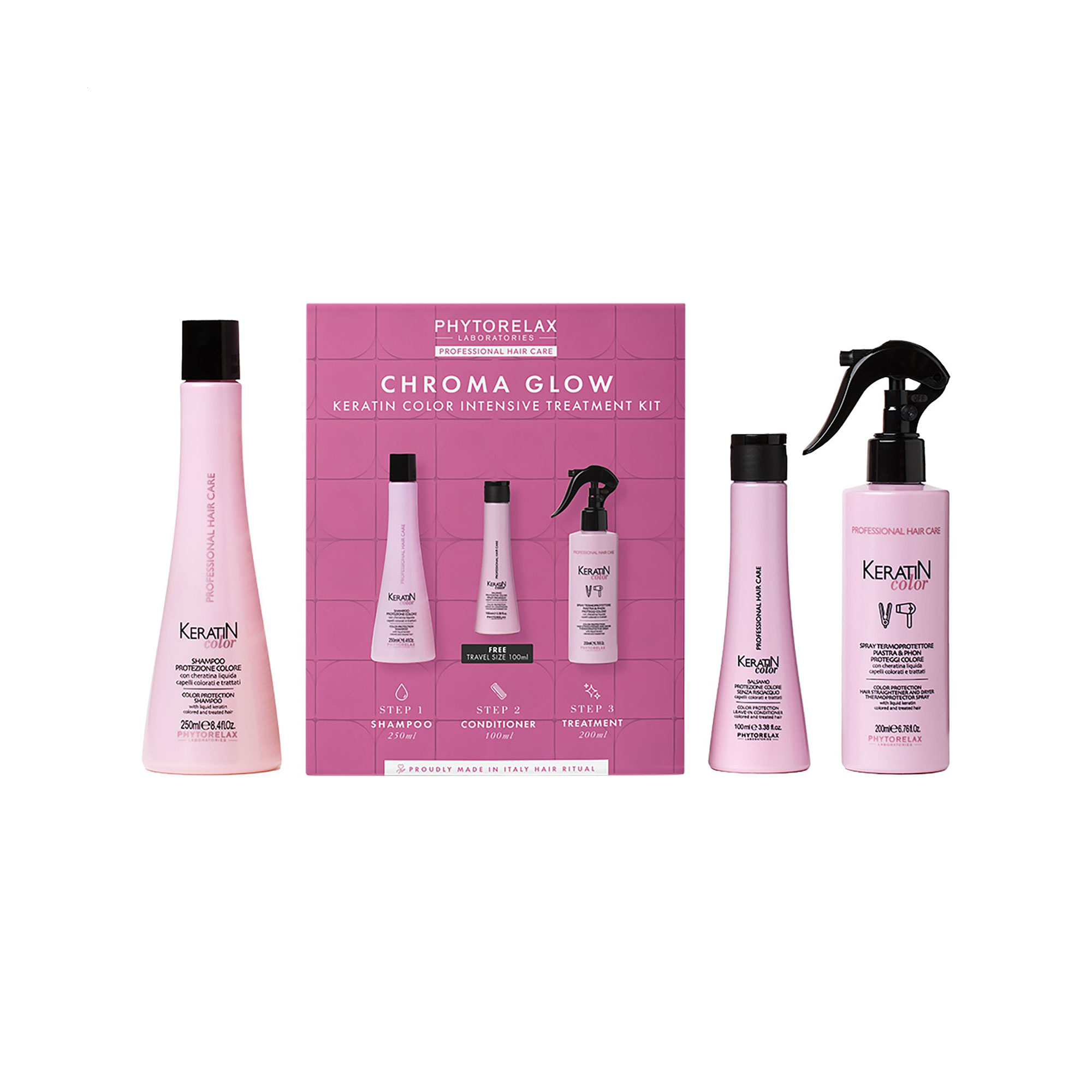 Уцінка! Набір для волосся Phytorelax Laboratories Chroma Glow Keratin Color Intensive Treatment Kit (шампунь, 250 мл + термозахист, 200 мл + кондиціонер, 100 мл)